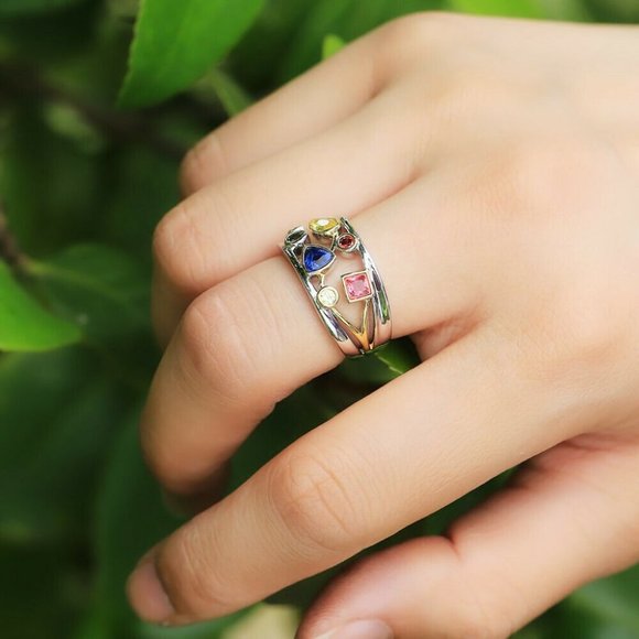 New Beautiful 925 Silver Multi Precious Stone Ring - Picture 3 of 5